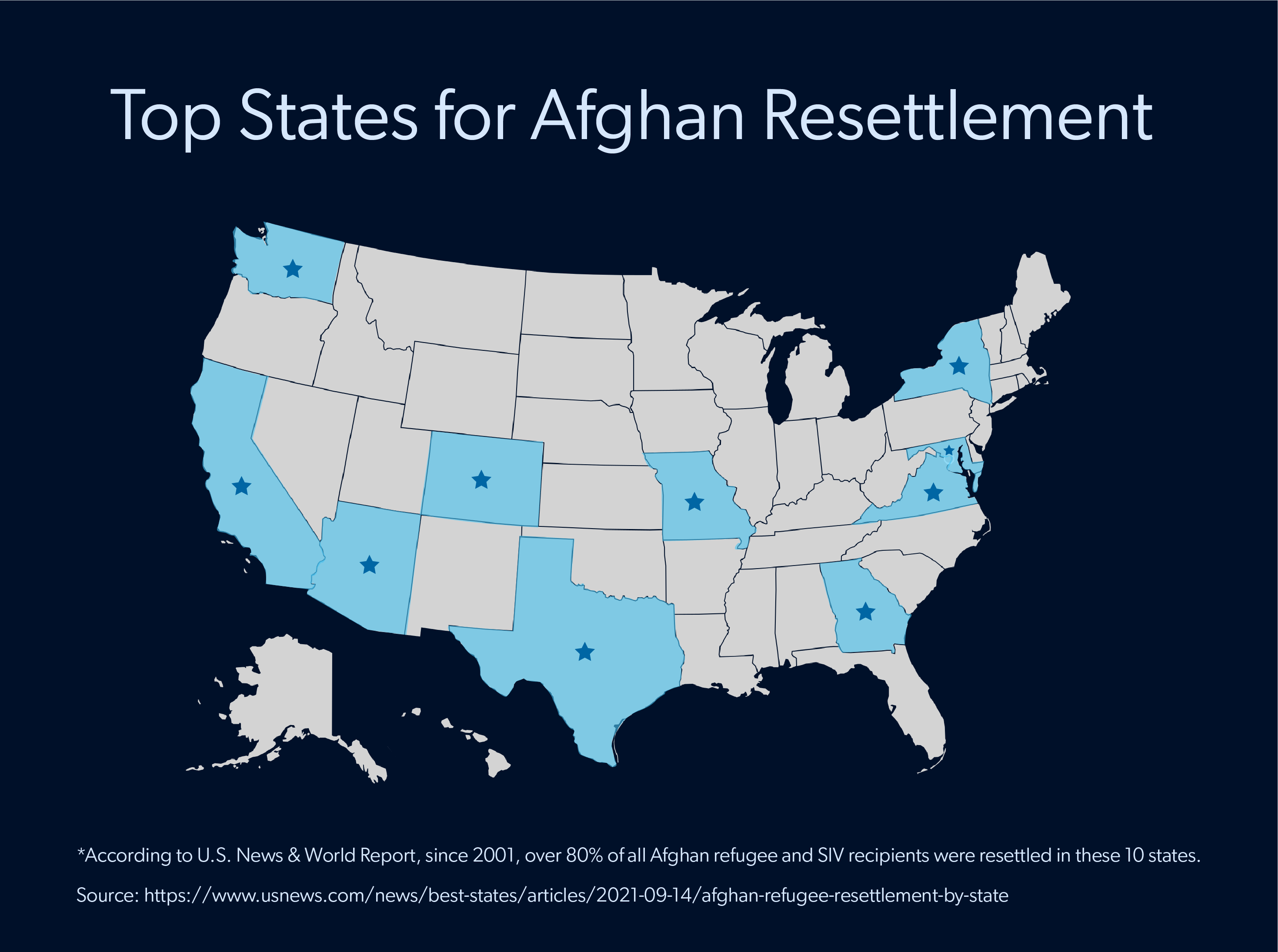 Map of top states for Afghan resettlement