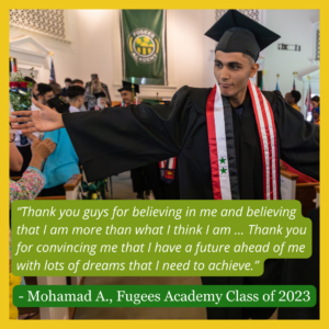 Mohammad extends arms to embrace family member at graduation ceremony.