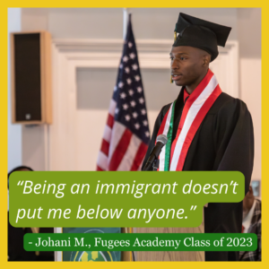 Johani, a Fugees Academy graduate, stands at podium to give commencement speech.